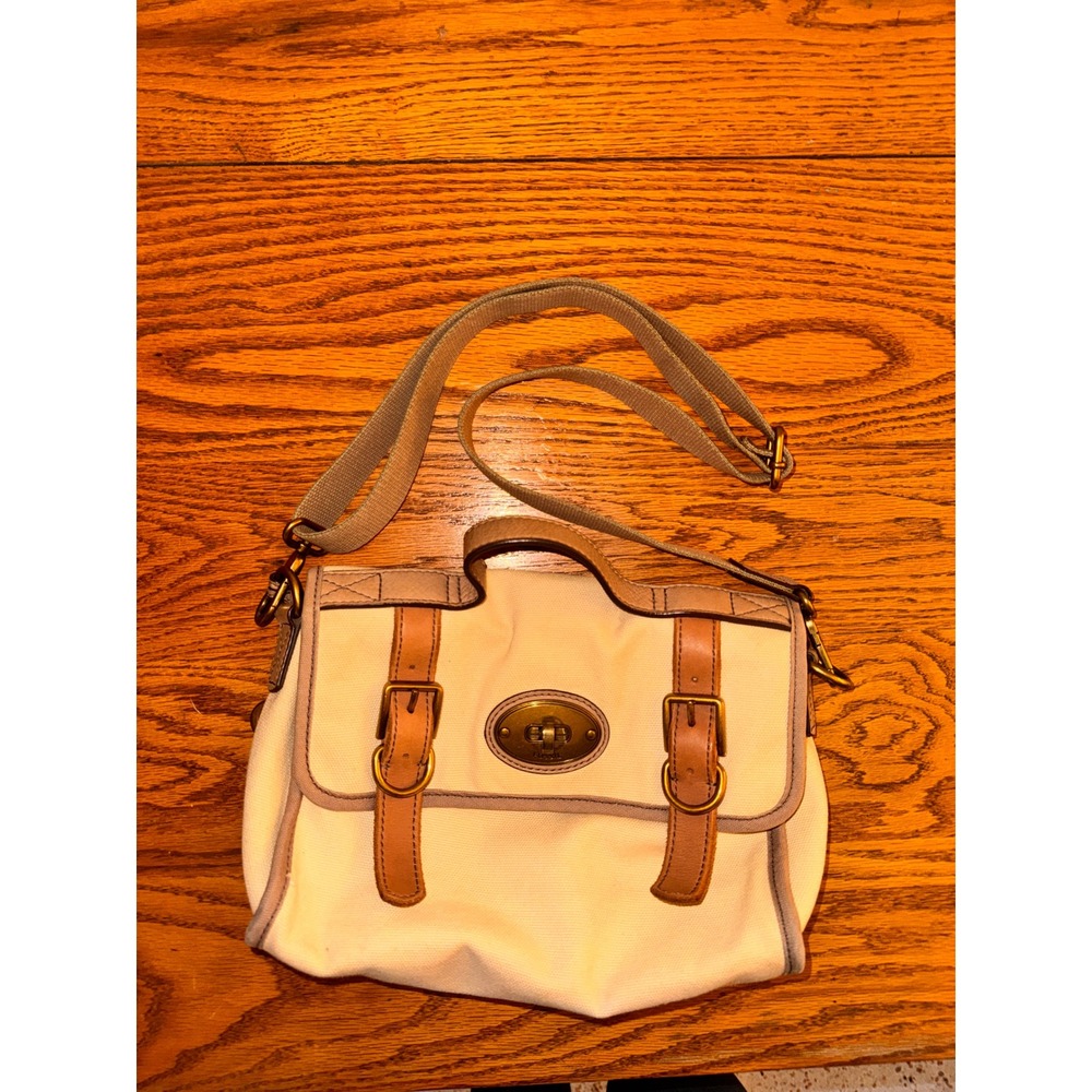Fossil Canvas Leather Trim Crossbody Bag Satchel Khaki Tan Brass Key Lock